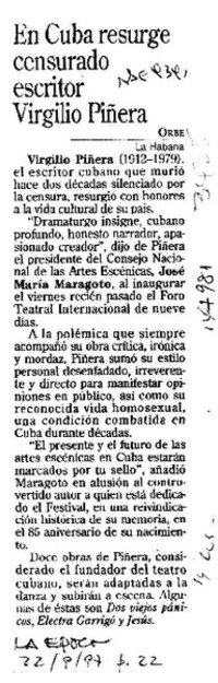 En Cuba resurge censurado escritor Virgilio Piñera  [artículo].
