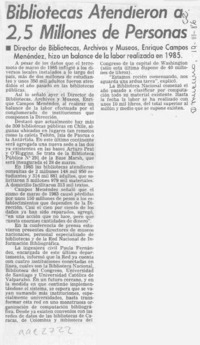Bibliotecas atendieron a 2,5 millones de personas  [artículo].