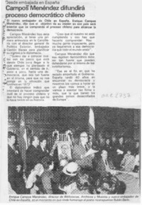 Campos Menéndez difundirá proceso democrático chileno  [artículo].