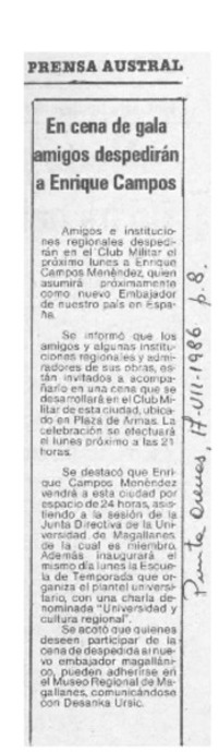 En cena de gala amigos despedirán a Enrique Campos  [artículo].
