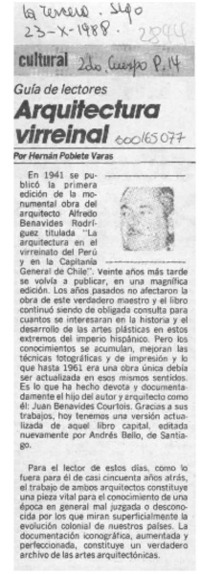 Arquitectura virreinal  [artículo] Hernán Poblete Varas.