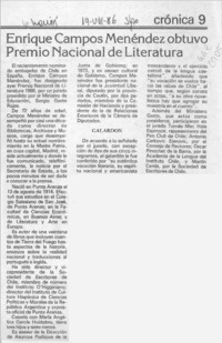 Enrique Campos Menéndez obtuvo Premio Nacional de Literatura  [artículo].