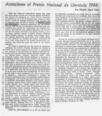 Acotaciones al Premio Nacional de Literatura 1986  [artículo] Miguel Angel Díaz.