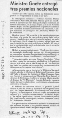 Ministro Gaete entregó tres Premios Nacionales  [artículo].