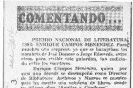 Premio Nacional de Literatura 1986, Enrique Campos Menéndez  [artículo] A. P.