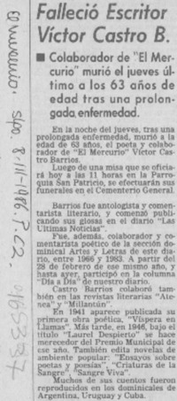 Falleció escritor Víctor Castro B.