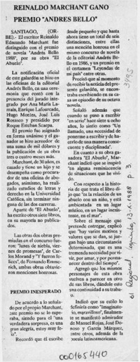 Reinaldo Marchant ganó Premio "Andrés Bello"  [artículo].