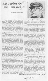 Recuerdos de Luis Durand  [artículo] Marino Muñoz Lagos.