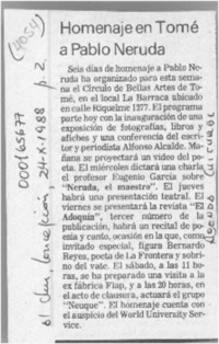Homenaje en Tomé a Pablo Neruda  [artículo].