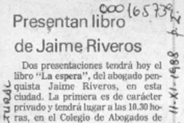Presentan libro de Jaime Riveros  [artículo].