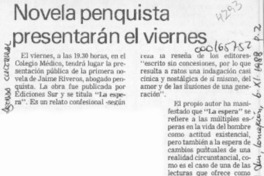 Novela penquista presentarán el viernes  [artículo].