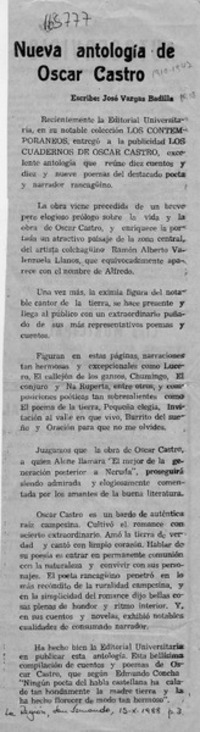 Nueva antología de Oscar Castro  [artículo] José Vargas Badilla.