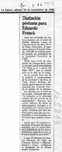 Distinción póstuma para Eduardo Frenck  [artículo].