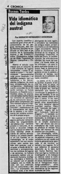Vida idiomática del indígena austral  [artículo] Horacio Hernández Anderson.