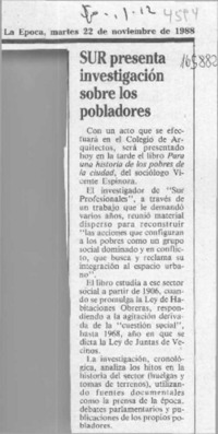 SUR presenta investigación sobre pobladores  [artículo].
