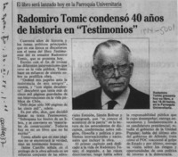 Radomiro Tomic condensó 40 años de historia en "Testimonios"  [artículo].