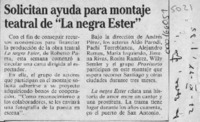 Solicitan ayuda para montaje teatral de "La negra Ester"  [artículo].