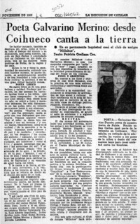 Poeta Galvarino Merino, desde Coihueco canta a la tierra  [artículo] Patricia Orellana Cea.