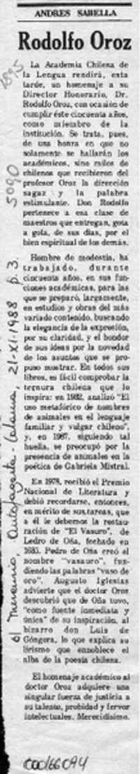 Rodolfo Oroz  [artículo] Andrés Sabella.