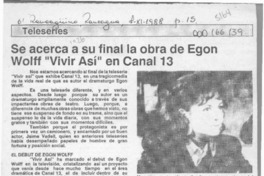 Se acerca a su final la obra de Egon Wolff "Vivir así" en canal 13  [artículo].