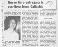 Nuevo libro entregará la escritora Irene Galiachis  [artículo].