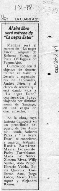 Al aire libre será estreno de "La negra Ester"  [artículo].