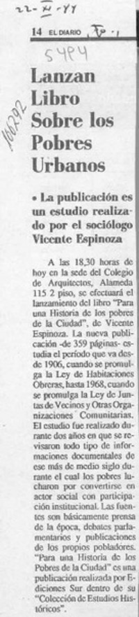 Lanzan libro sobre los pobres urbanos  [artículo].