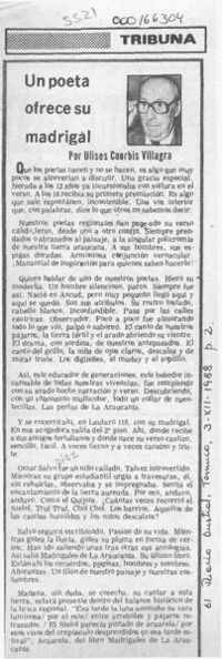 Un poeta ofrece su madrigal  [artículo] Ulises Courbis Villagra.