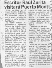 Escritor Raúl Zurita visitará Puerto Montt  [artículo].