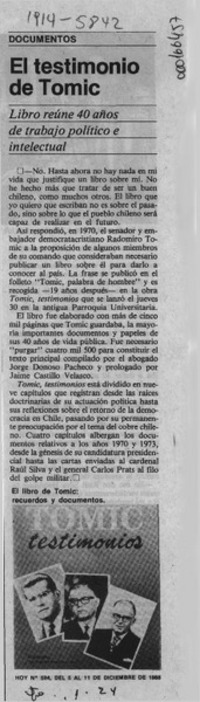 El Testimonio de Tomic  [artículo].