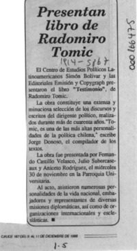 Presentan libro de Radomiro Tomic  [artículo].