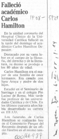 Falleció académico Carlos Hamilton
