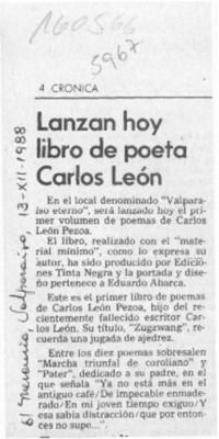 Lanzan hoy libro de poeta Carlos León  [artículo].