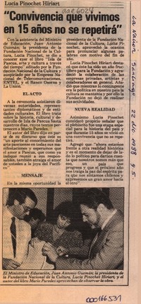 Lucía Pinochet Hiriart, "Convivencia que vivimos en 15 años no se repetirá"  [artículo].