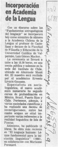 Incorporación en Academia de la Lengua  [artículo].