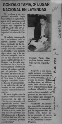 Gonzalo Tapia, 2o. lugar nacional en leyendas  [artículo].