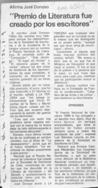 Afirma José Donoso "Premio de Literatura fue creado por los escritores"  [artículo].