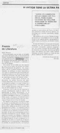 Premio de Literatura  [artículo] Eduardo Cruz Coke M.