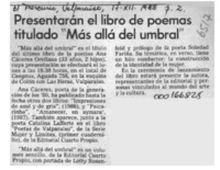 Presentarán el libro de poemas titulado "Más allá del umbral"  [artículo].