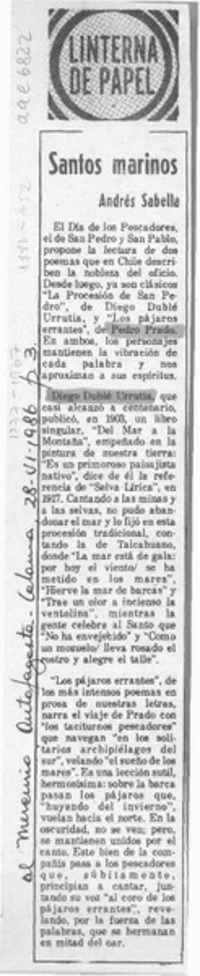 Santos marinos  [artículo] Andrés Sabella.