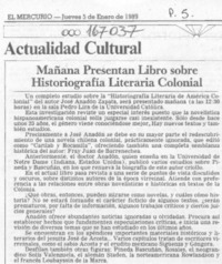Mañana presentan libro sobre historiografía literaria colonial