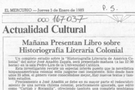 Mañana presentan libro sobre historiografía literaria colonial