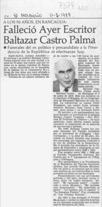 Falleció ayer escritor Baltazar Castro Palma  [artículo] Liliana Astudillo.