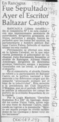 Fue sepultado ayer el escritor Baltazar Castro  [artículo].