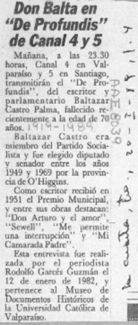 Don Balta en "De profundis" de Canal 4 y 5  [artículo].