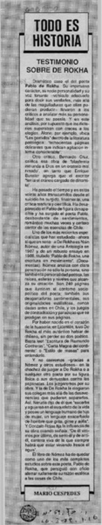 Testimonio sobre de Rokha  [artículo] Mario Céspedes.