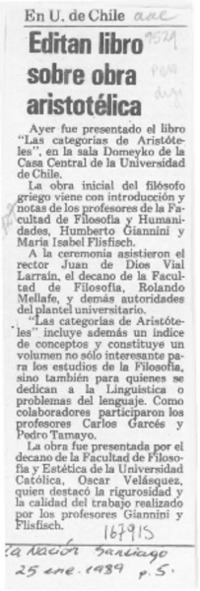 Editan libro sobre obra aristotélica  [artículo].