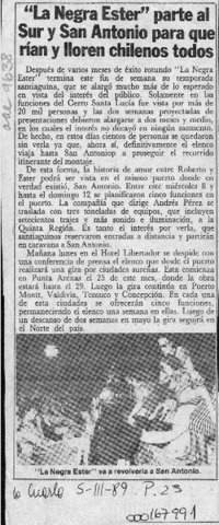 "La negra Ester" parte al Sur y San Antonio para que rían y lloren chilenos todos  [artículo].