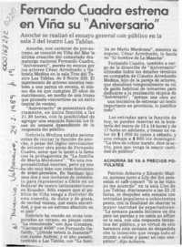 Fernando Cuadra estrena en Viña su "Aniversario"  [artículo].