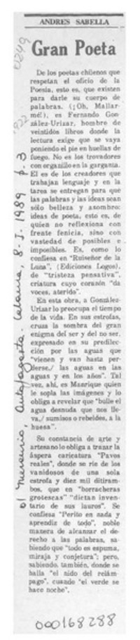 Gran poeta  [artículo] Andrés Sabella.
